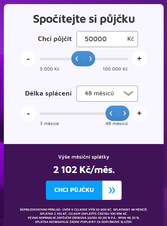 V kalkulačce Razdva půjčky si lze zvolit výši úvěru a dobu splácení a ihned mít přehled o výši úroku, RPSN a celkové částce k zaplacení.