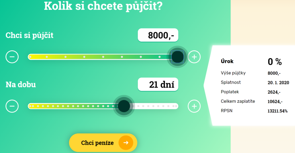 Výši půjčky a dobu splatnost si klient volí sám prostřednictvím úvěrové kalkulačky.