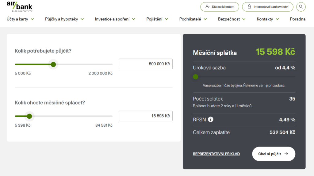 Na webu Air Bank si lze spočítat orientační výši splátky i celkovou výši půjčky.