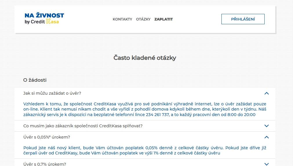 Nazivnost "by CreditKasa" jsou rovněž stránky téhož poskytovatele půjček (vedle creditkasa COM), i zde lze najít sekci otázek, kalkulačku půjčky a slibuje se zhodnocení půjčky 24/7.