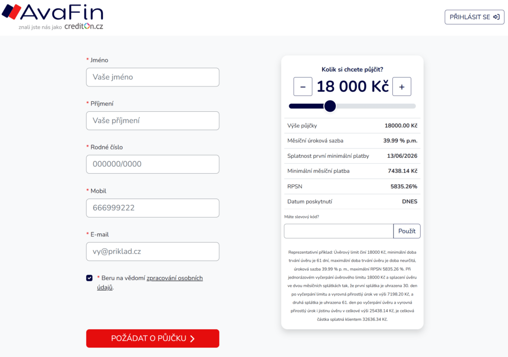 Při registraci do Klientské zóny na stránkách společnosti AvaFin klient vyplní základní údaje. Stejně se zde vyplňuje i žádost o půjčku.