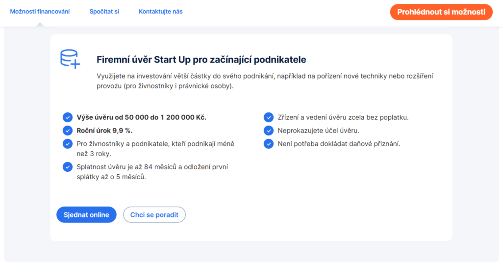 Česká spořitelna nabízí úvěr pro začínající podnikatele ve výši až 1 200 000 Kč.