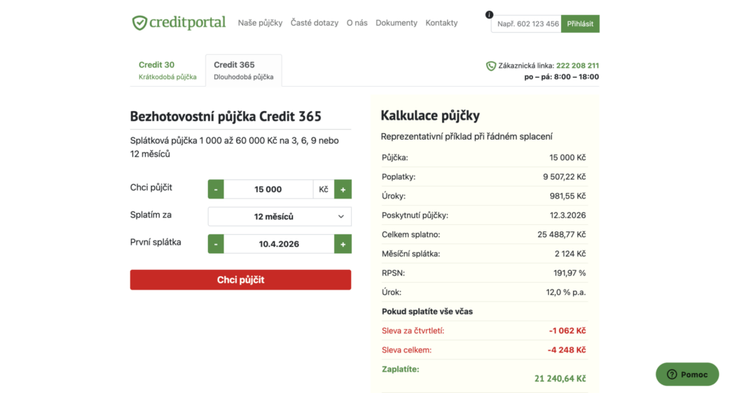 Bezhotovostní půjčka Credit 365