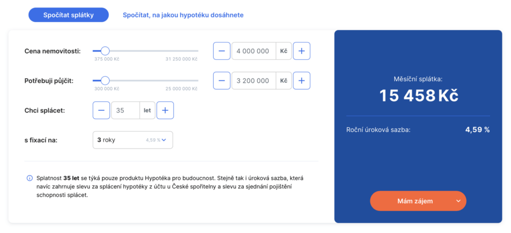 Hypoteční kalkulačka České spořitelny nabízí nejen klasické vypočtení splátek.