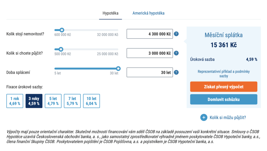 Hypoteční kalkulačka ČSOB Hypoteční banky porovná žádost i s příjmy žadatele.