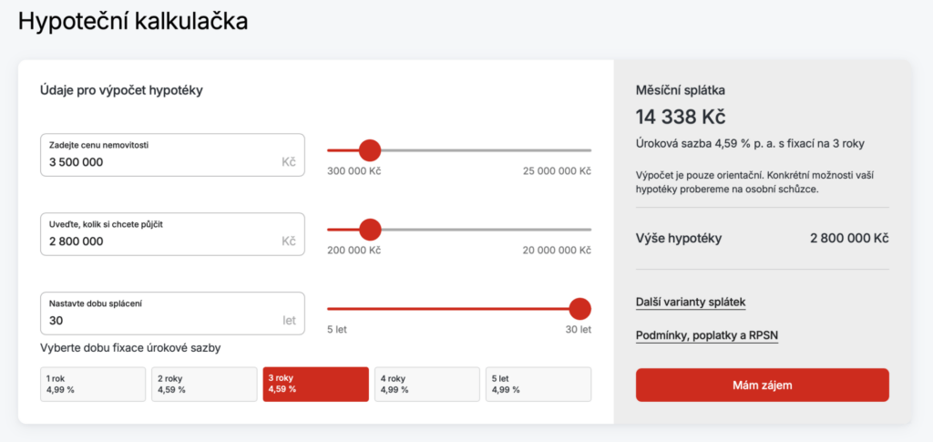 Hypoteční kalkulačka KB nabízí výpočet měsíčních splátek i s úrokovou sazbou.