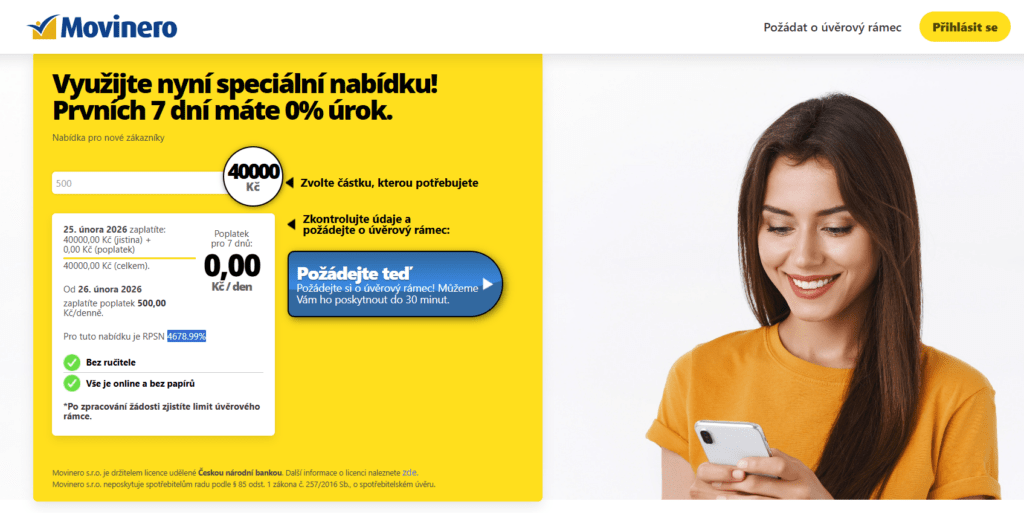 Movinero nabízí první půjčku zdarma až do výše 40 000 Kč, ovšem jen na prvních 7 dní.