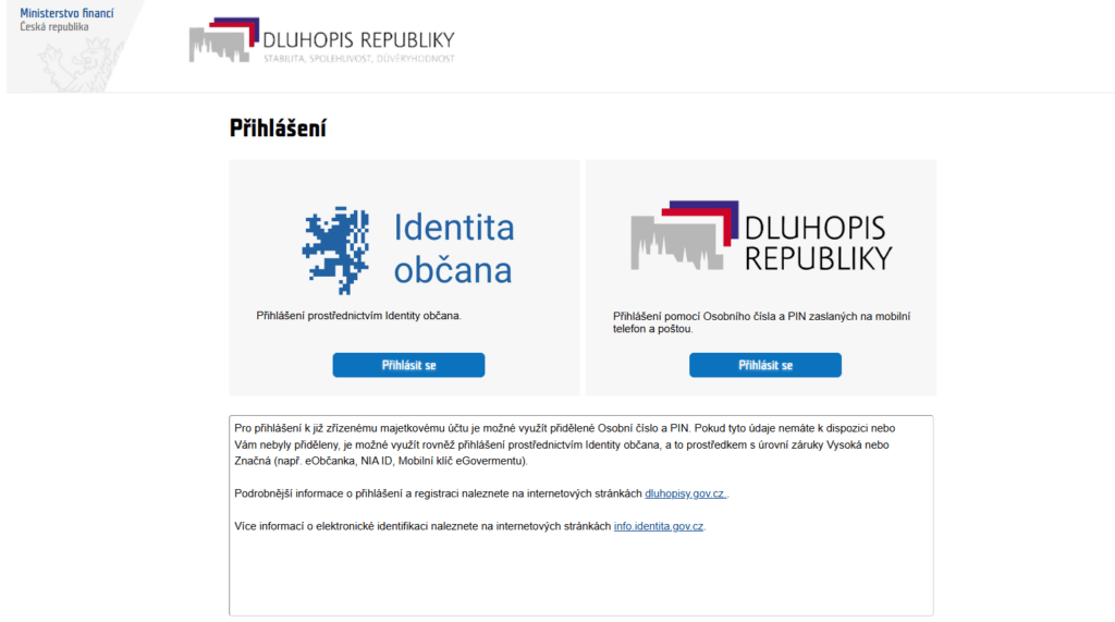 K majetkovému účtu se lze přihlásit přes webový portál Dluhopis Republiky.